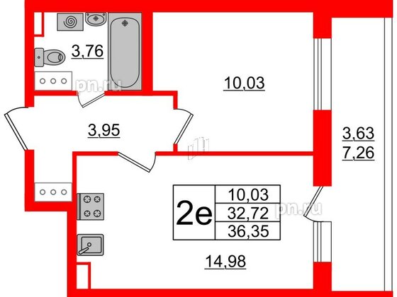 Квартира в ЖК Аквилон All in 3.0, 1 комнатная, 36.35 м², 11 этаж