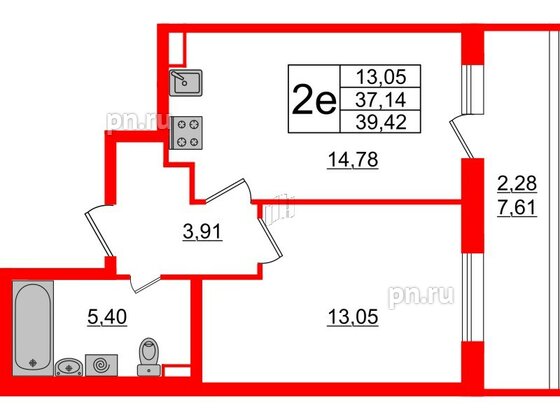 Квартира в ЖК Аквилон All in 3.0, 1 комнатная, 39.42 м², 2 этаж