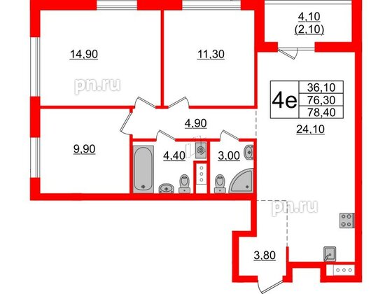 Квартира в ЖК А101 Лаголово, 3 комнатная, 78.4 м², 6 этаж