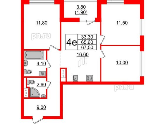 Квартира в ЖК А101 Лаголово, 3 комнатная, 67.5 м², 8 этаж