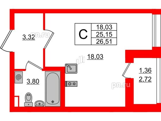 Квартира в ЖК Аквилон All in 3.0, студия, 26.51 м², 2 этаж