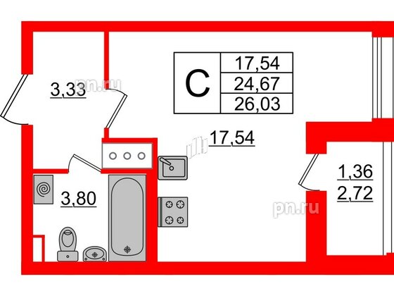 Квартира в ЖК Аквилон All in 3.0, студия, 26.03 м², 7 этаж