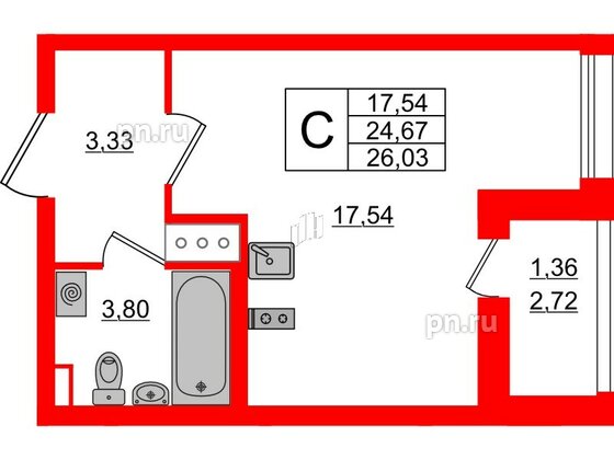 Квартира в ЖК Аквилон All in 3.0, студия, 26.03 м², 8 этаж