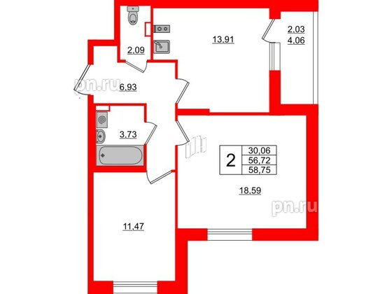 Квартира в ЖК Аквилон All in 3.0, 2 комнатная, 58.75 м², 2 этаж