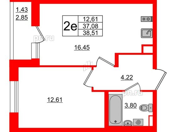 Квартира в ЖК Аквилон All in 3.0, 1 комнатная, 38.51 м², 2 этаж