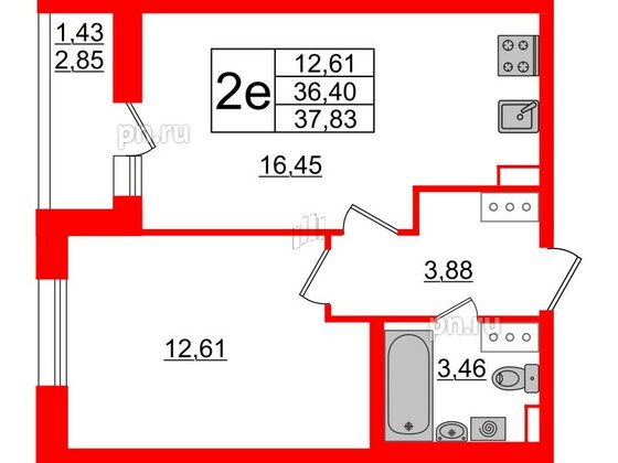 Квартира в ЖК Аквилон All in 3.0, 1 комнатная, 37.83 м², 3 этаж