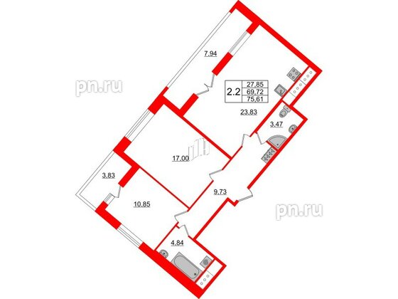 Квартира в ЖК Pulse Premier, 2 комнатная, 69.72 м², 18 этаж