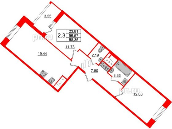 Квартира в ЖК «Пульс Премьер», 2 комнатная, 56.57 м², 16 этаж
