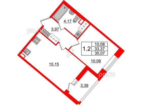 Квартира в ЖК Pulse Premier, 1 комнатная, 33.37 м², 2 этаж