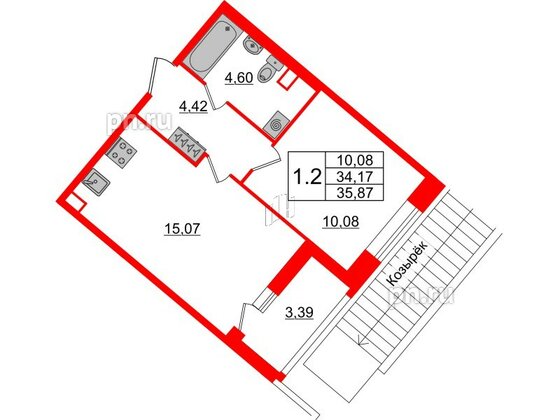 Квартира в ЖК Pulse Premier, 1 комнатная, 34.17 м², 1 этаж