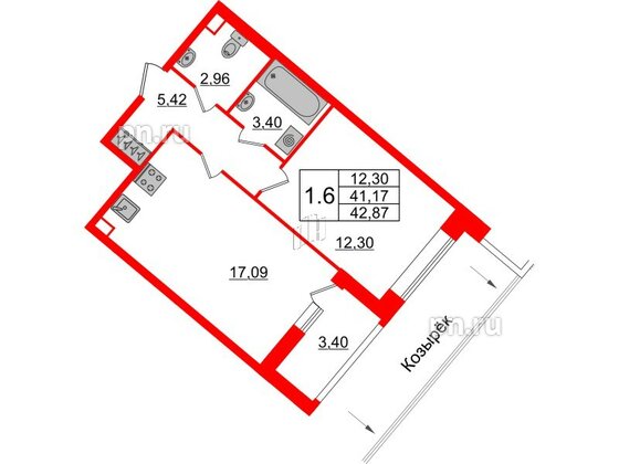 Квартира в ЖК Pulse Premier, 1 комнатная, 41.17 м², 2 этаж