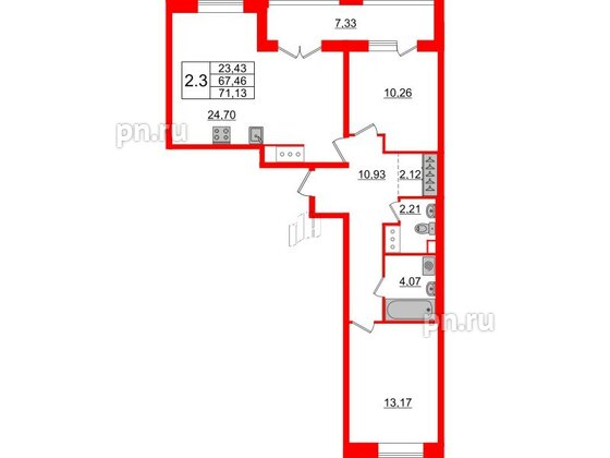 Квартира в ЖК 'Pulse Premier', 2 комнатная, 67.46 м², 15 этаж