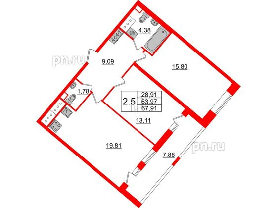 Квартира в ЖК Pulse Premier, 2 комнатная, 63.97 м², 11 этаж