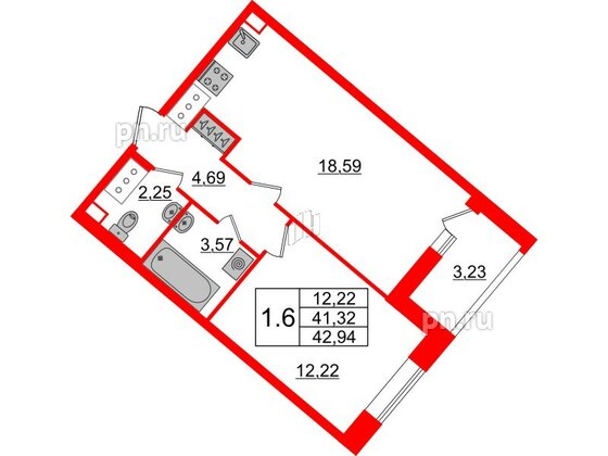 Квартира в ЖК 'Pulse Premier', 1 комнатная, 41.32 м², 17 этаж