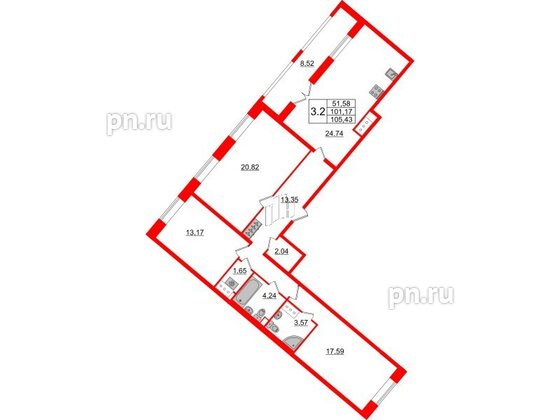 Квартира в ЖК 'Pulse Premier', 3 комнатная, 101.17 м², 13 этаж