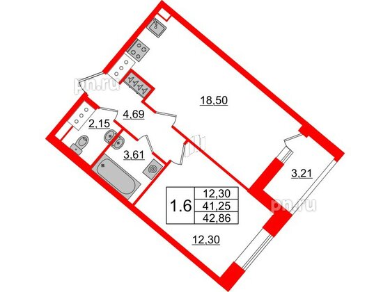 Квартира в ЖК 'Pulse Premier', 1 комнатная, 41.25 м², 4 этаж