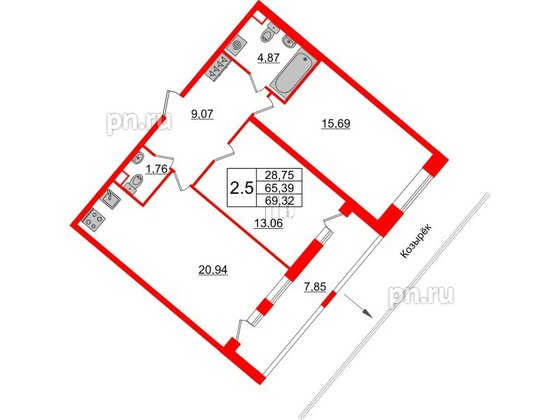 Квартира в ЖК Pulse Premier, 2 комнатная, 65.39 м², 2 этаж