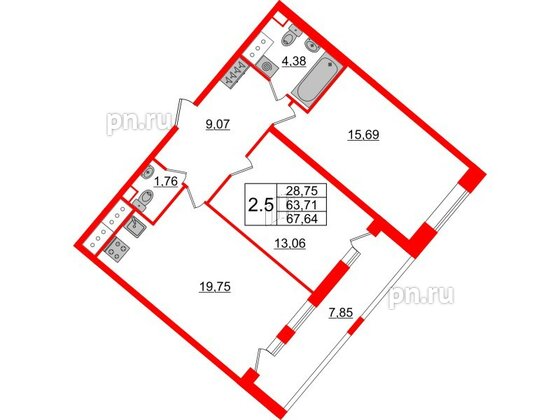 Квартира в ЖК Pulse Premier, 2 комнатная, 63.71 м², 4 этаж