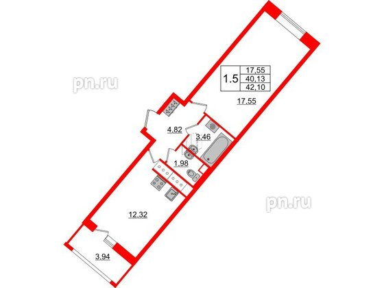 Квартира в ЖК Pulse Premier, 1 комнатная, 40.13 м², 3 этаж