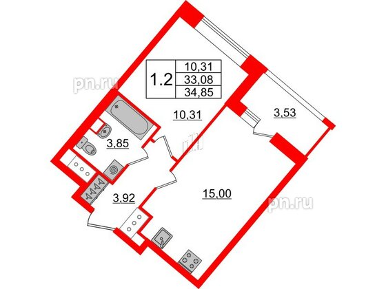 Квартира в ЖК 'Pulse Premier', 1 комнатная, 33.08 м², 15 этаж