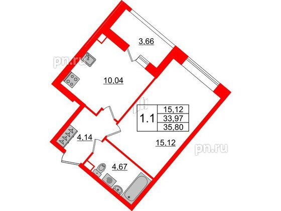 Квартира в ЖК Pulse Premier, 1 комнатная, 33.97 м², 2 этаж