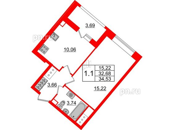 Квартира в ЖК Pulse Premier, 1 комнатная, 32.68 м², 9 этаж