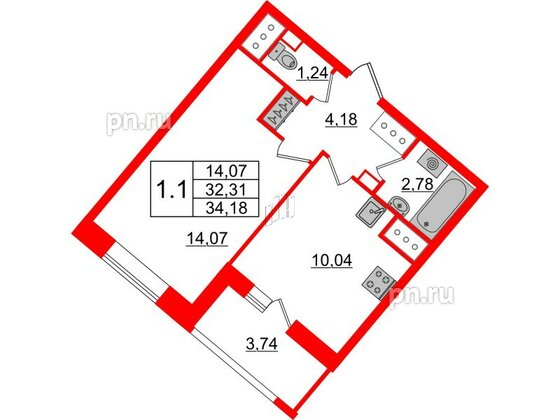 Квартира в ЖК Pulse Premier, 1 комнатная, 32.31 м², 8 этаж