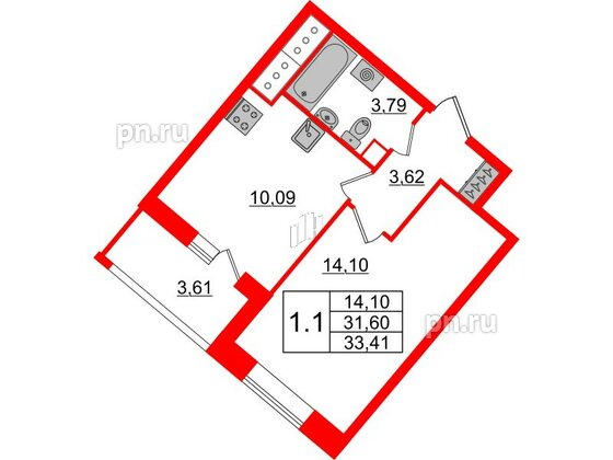 Квартира в ЖК Pulse Premier, 1 комнатная, 31.6 м², 21 этаж