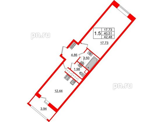 Квартира в ЖК «Пульс Премьер», 1 комнатная, 40.51 м², 14 этаж