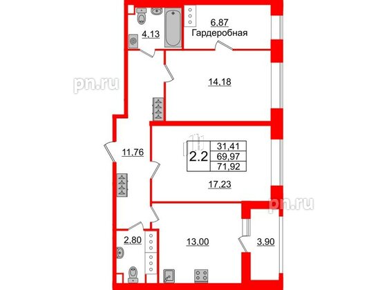 Квартира в ЖК 'Pulse Premier', 2 комнатная, 69.97 м², 21 этаж