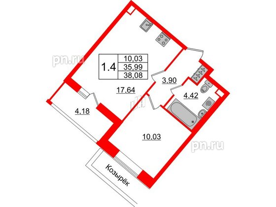 Квартира в ЖК 'Pulse Premier', 1 комнатная, 35.99 м², 1 этаж