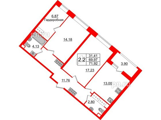 Квартира в ЖК 'Pulse Premier', 2 комнатная, 69.97 м², 20 этаж