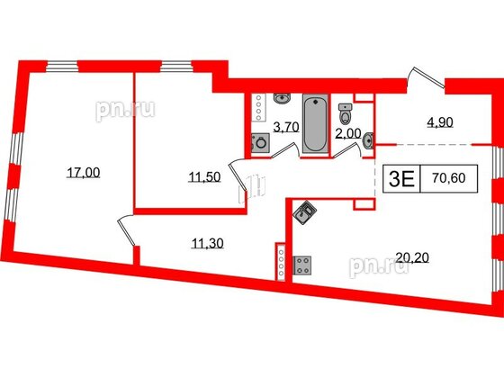 Апартаменты в ЖК Северная корона, 2 комнатные, 70.6 м², 6 этаж