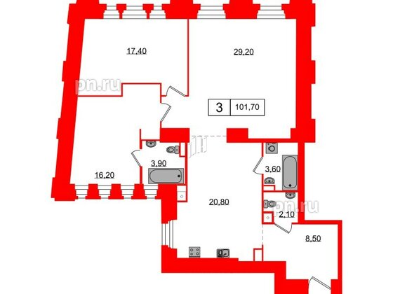 Апартаменты в ЖК Северная корона, 3 комнатные, 101.7 м², 2 этаж