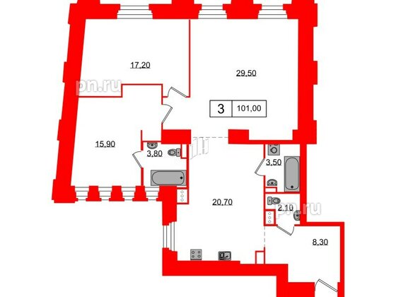 Апартаменты в ЖК Северная корона, 3 комнатные, 101 м², 3 этаж