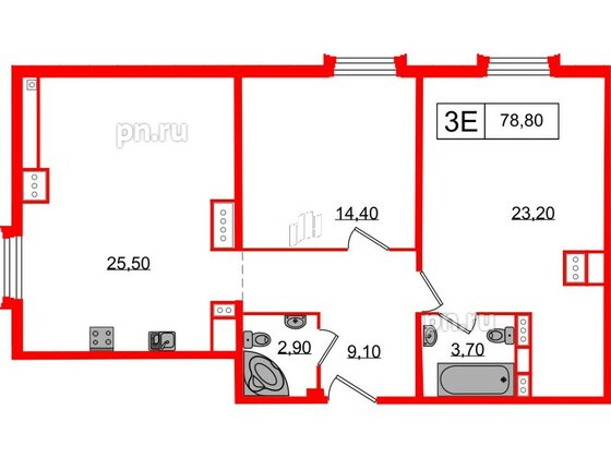 Апартаменты в ЖК Северная корона, 2 комнатные, 78.8 м², 6 этаж