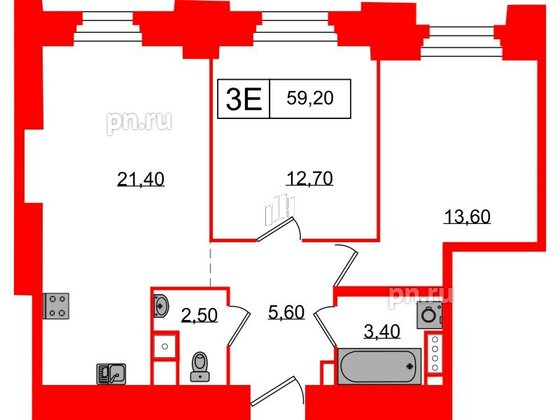 Апартаменты в ЖК Северная корона, 2 комнатные, 59.2 м², 3 этаж