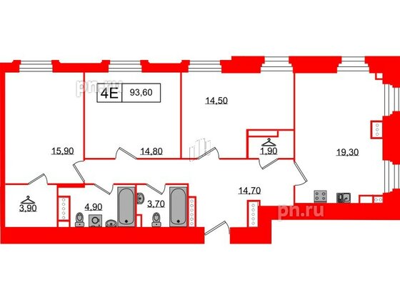 Апартаменты в ЖК Северная корона, 3 комнатные, 93.6 м², 5 этаж