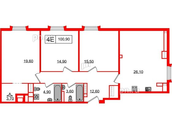 Апартаменты в ЖК Северная корона, 3 комнатные, 100.9 м², 6 этаж