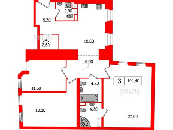 Апартаменты в ЖК Северная корона, 3 комнатные, 101.4 м², 2 этаж