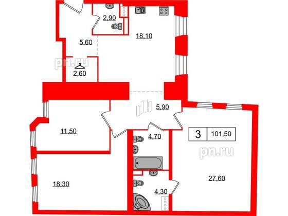 Апартаменты в ЖК Северная корона, 3 комнатные, 101.5 м², 3 этаж