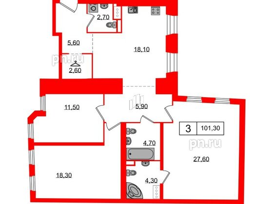 Апартаменты в ЖК Северная корона, 3 комнатные, 101.3 м², 4 этаж