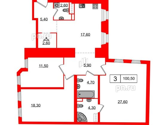 Апартаменты в ЖК Северная корона, 3 комнатные, 100.5 м², 5 этаж