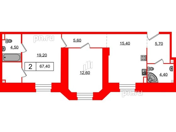 Апартаменты в ЖК Северная корона, 2 комнатные, 67.4 м², 2 этаж