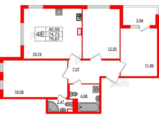 Квартира в ЖК Любоград, 3 комнатная, 74.73 м², 1 этаж