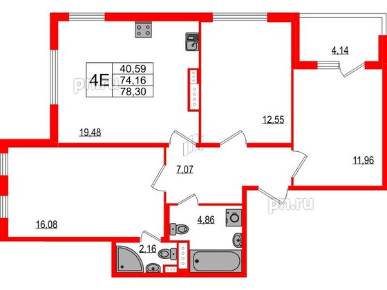 Квартира в ЖК Любоград, 3 комнатная, 74.16 м², 2 этаж