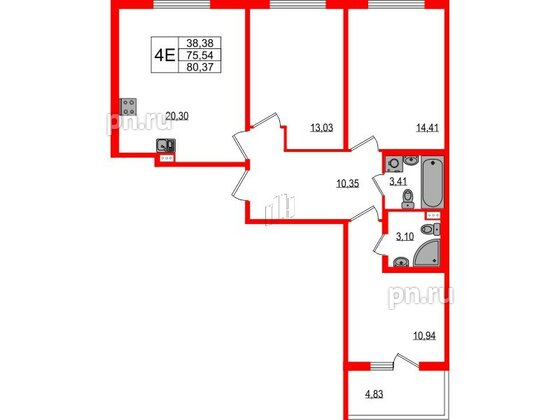 Квартира в ЖК Любоград, 3 комнатная, 75.54 м², 1 этаж