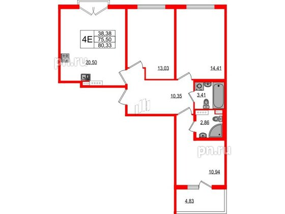 Квартира в ЖК Любоград, 3 комнатная, 75.5 м², 3 этаж