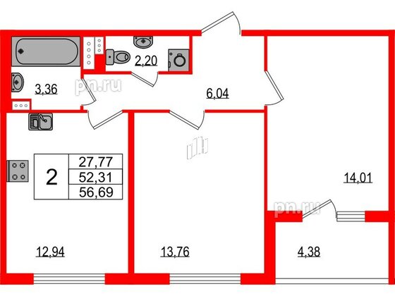 Квартира в ЖК Любоград, 2 комнатная, 52.31 м², 4 этаж