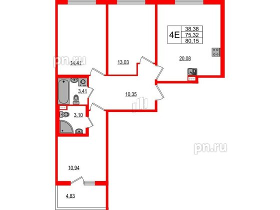 Квартира в ЖК Любоград, 3 комнатная, 75.32 м², 1 этаж